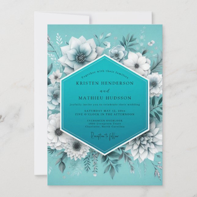 Convites Casamento Flora Glacial Aqua (Frente)