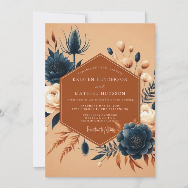 Convites Casamento Flora Laranja Queimada Índigo (Frente)