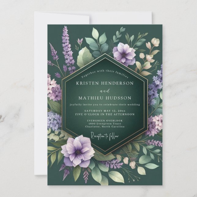 Convites Casamento Flora Lavanda Esmeralda (Frente)