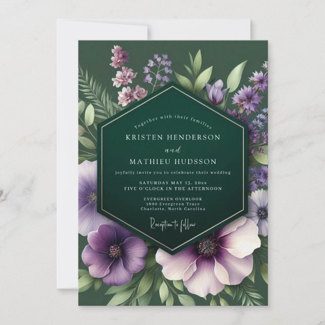 Convites Casamento Flora Mal-humorada Esmeralda Roxa (Frente)