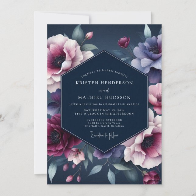 Convites Casamento Flora Meia-Noite Índigo (Frente)