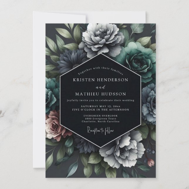 Convites Casamento Flora Opulenta de Ardósia (Frente)