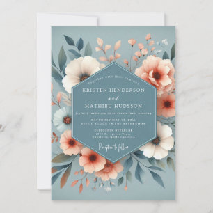 Convites Casamento Flora Pêssego Azul Ardósia