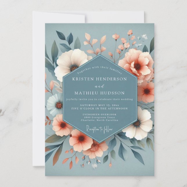 Convites Casamento Flora Pêssego Azul Ardósia (Frente)