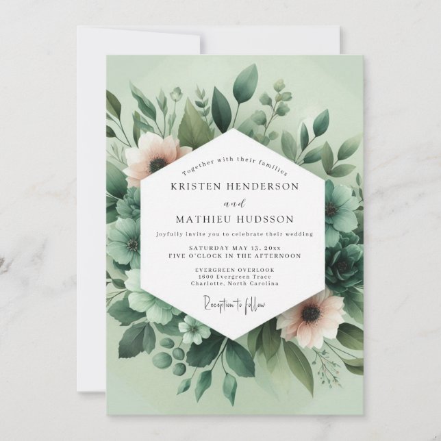 Convites Casamento Flora Pintado em Verde Sage (Frente)