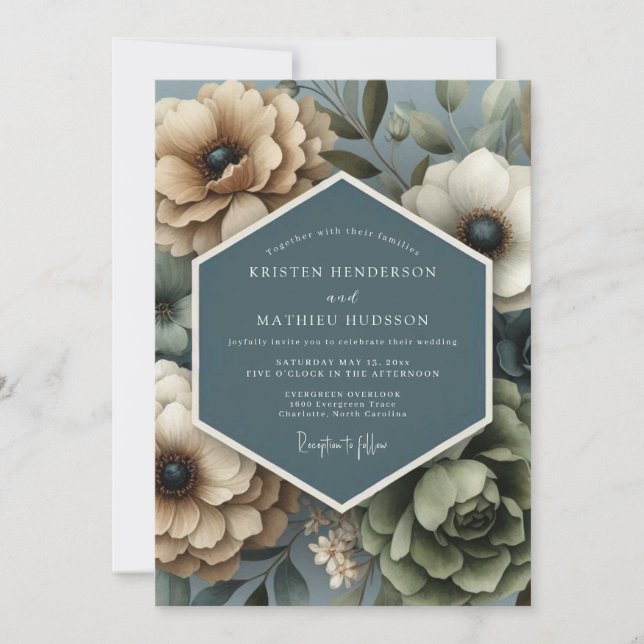 Convites Casamento Flora Silenciada Bege Ardósia (Frente)