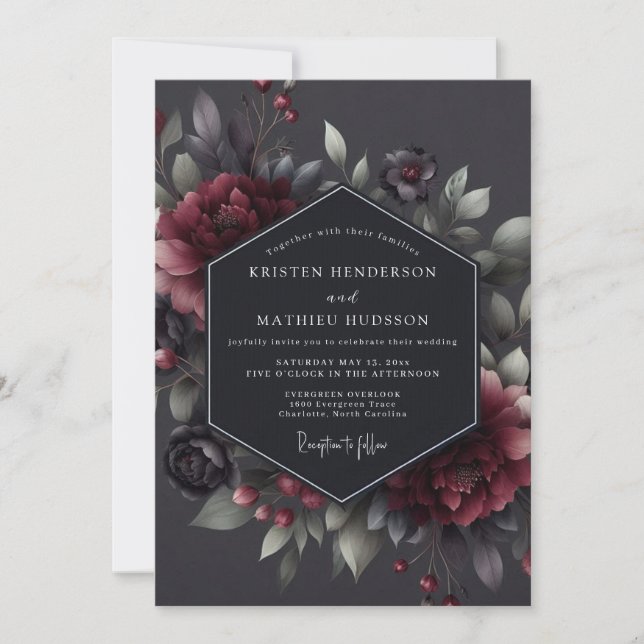 Convites Casamento Flora Sombria Claret (Frente)