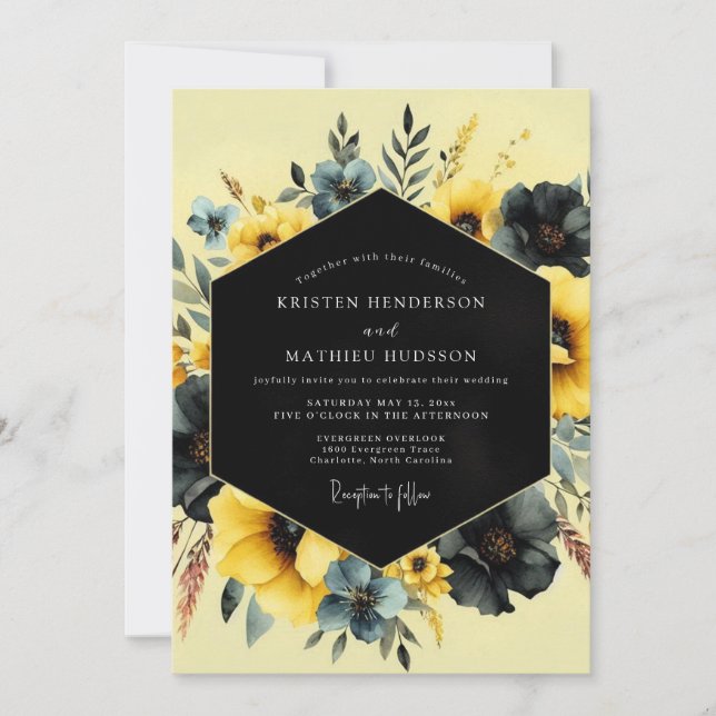 Convites Casamento Flora Sombrio Ardósia Açafrão (Frente)