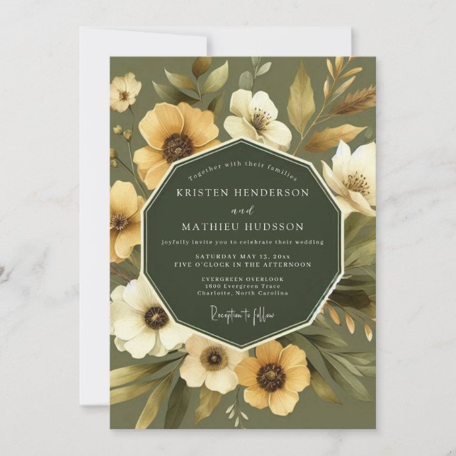 Convites Casamento Flora Vintage Dourado Sage (Frente)