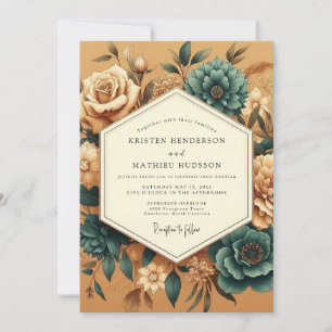 Convites Casamento Flora Vintage Marigold Azul-petróleo