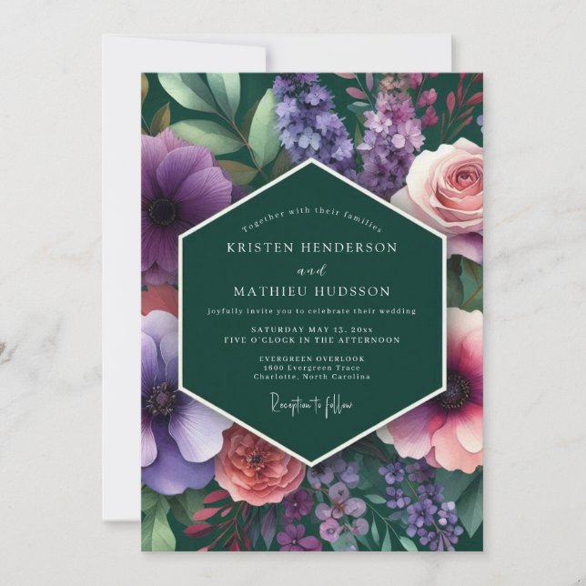 Convites Casamento Flora Violeta Esmeralda Vibrante (Frente)