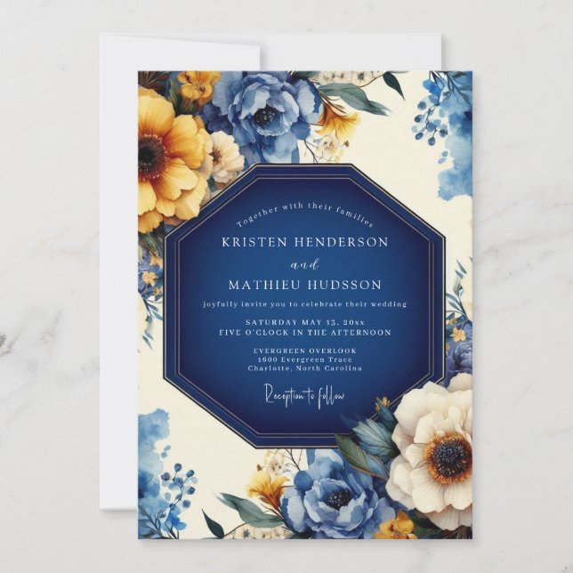 Convites Casamento Floração Artística Índigo (Frente)