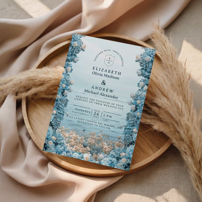 Convites Casamento Florais Azul Pastel Costeiro (Criador carregado)