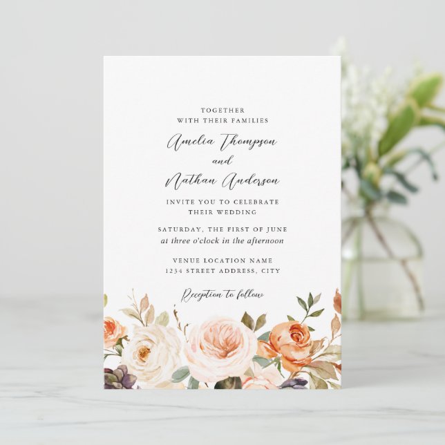 Convites Casamento Florais Botânicos de Laranja Queimada Rú (Em pé/Frente)