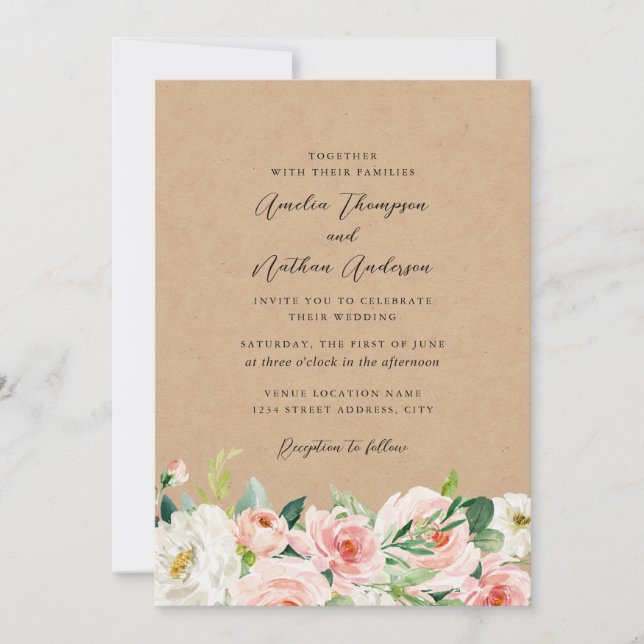 Convites Casamento Florais Botânicos Rosa Rústico País (Frente)