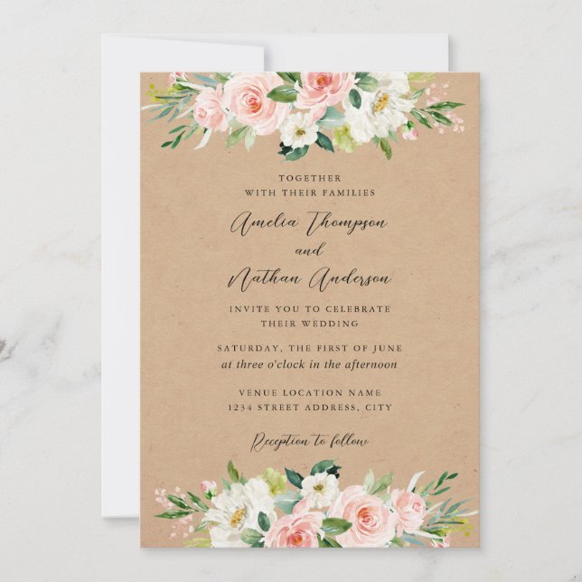 Convites Casamento Florais Botânicos Rosa Rústico País (Frente)