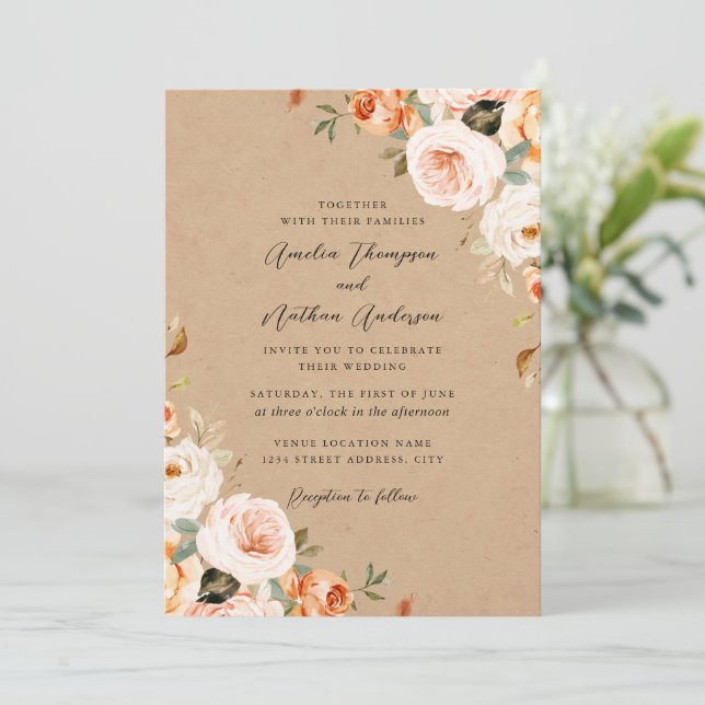 Convites Casamento Florais Botânicos Rústicos Bege Rosa (Em pé/Frente)