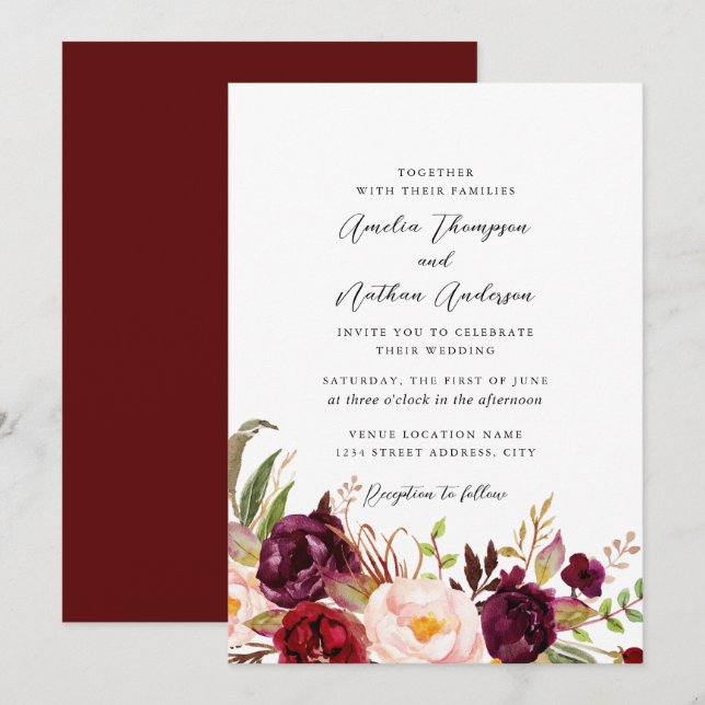 Convites Casamento Florais Botânicos Rústicos Borgonha (Frente/Verso)