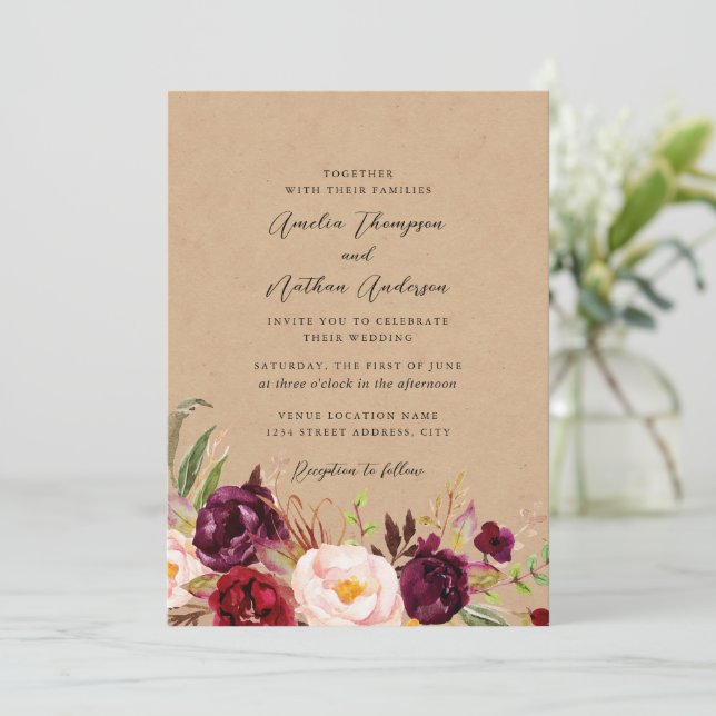 Convites Casamento Florais Botânicos Rústicos Borgonha (Em pé/Frente)