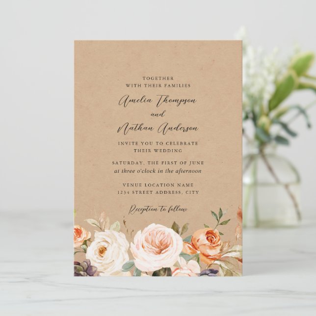 Convites Casamento Florais Botânicos Rústicos Laranja Queim (Em pé/Frente)