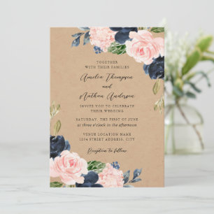 Convites Casamento Florais Botânicos Rústicos Marinho Rosa