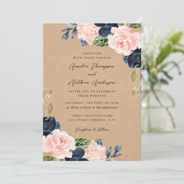 Convites Casamento Florais Botânicos Rústicos Marinho Rosa (Em pé/Frente)