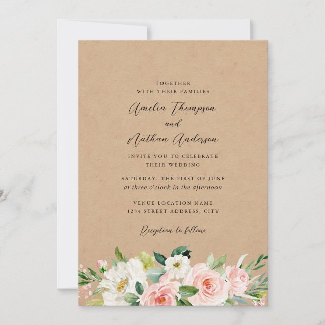 Convites Casamento Florais Botânicos Rústicos País Rosa (Frente)