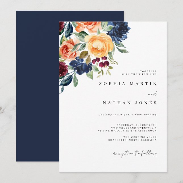 Convites Casamento Florais de Aquarela Naval de Outono Eleg (Frente/Verso)