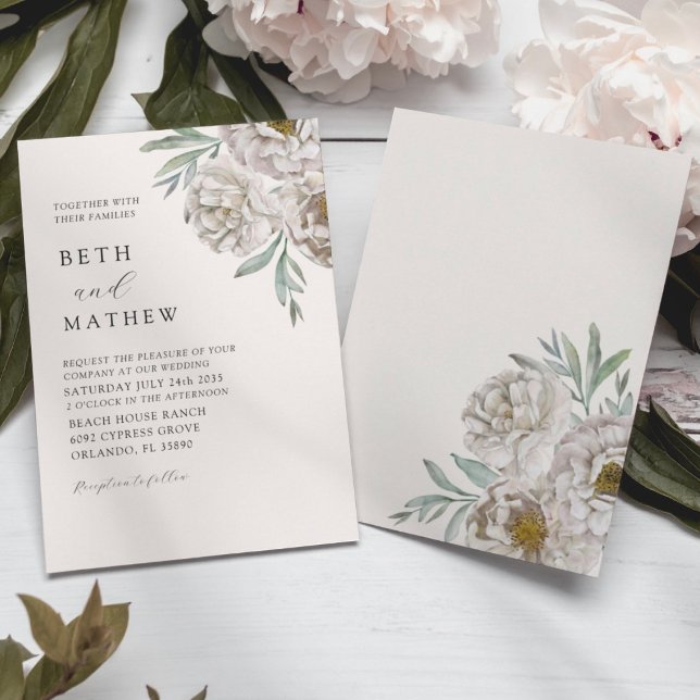Convites Casamento Florais de Marfim e Branco Elegante (Criador carregado)