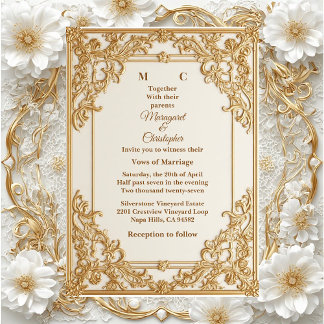 Convites Casamento Florais Herança Real Ornamentada em Ouro