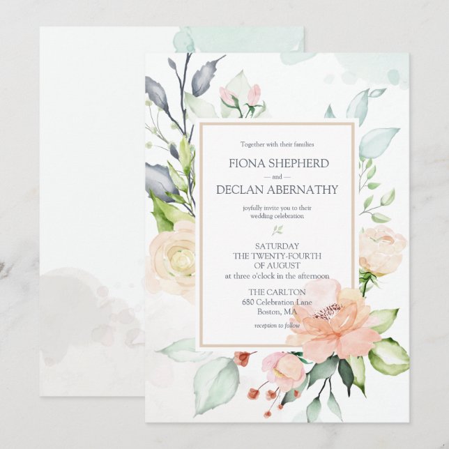 Convites Casamento Florais Românticos de Aquarela de Solstí (Frente/Verso)