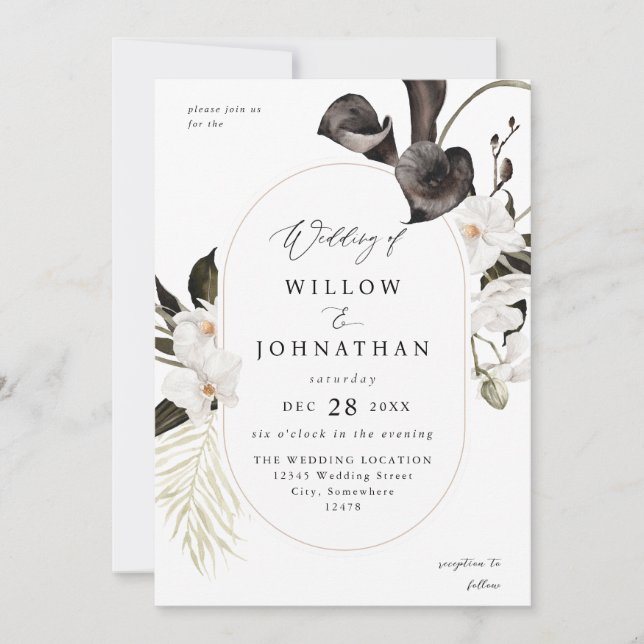 Convites Casamento Floral 3 Preto e Branco (Frente)
