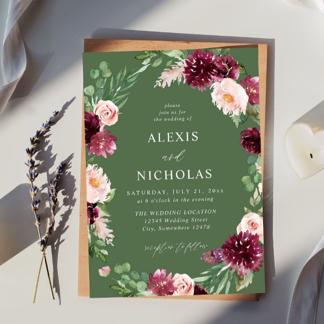 Convites Casamento Floral 7 Rosa e Borgonha - Verde (Criador carregado)