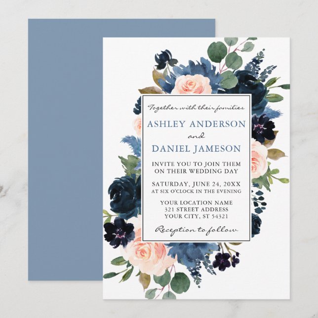 Convites Casamento Floral a Azul e Cor-de-Água Rosa (Frente/Verso)