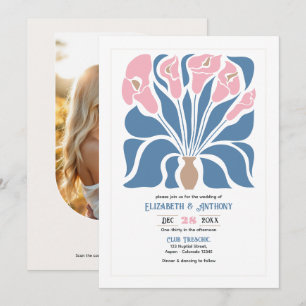 Convites Casamento Floral Abstrato Boho com Blush e Denim C