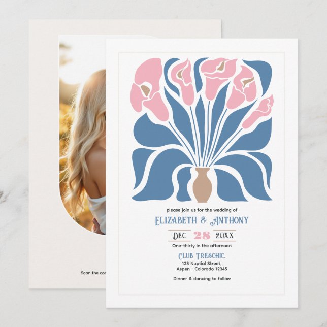 Convites Casamento Floral Abstrato Boho com Blush e Denim C (Frente/Verso)