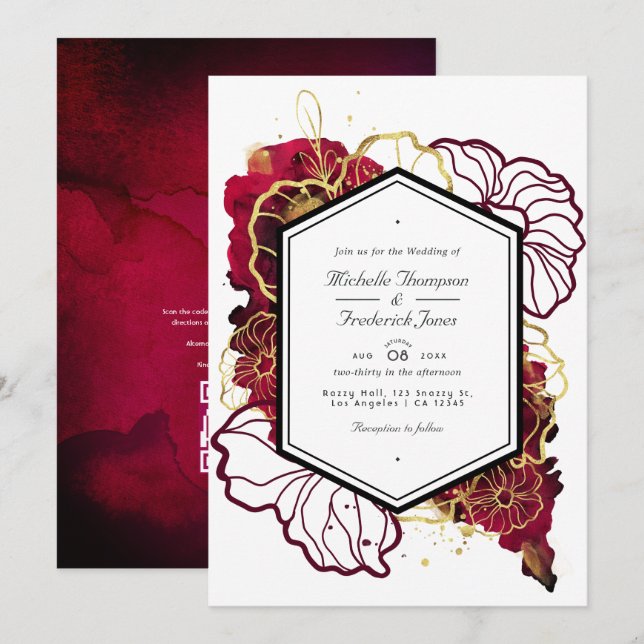 Convites Casamento Floral Abstrato em Borgonha e Dourado (Frente/Verso)