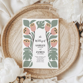 Convites Casamento Floral Abstrato Estilizado Sage e Blush