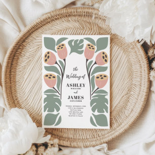 Convites Casamento Floral Abstrato Estilizado Sage e Blush