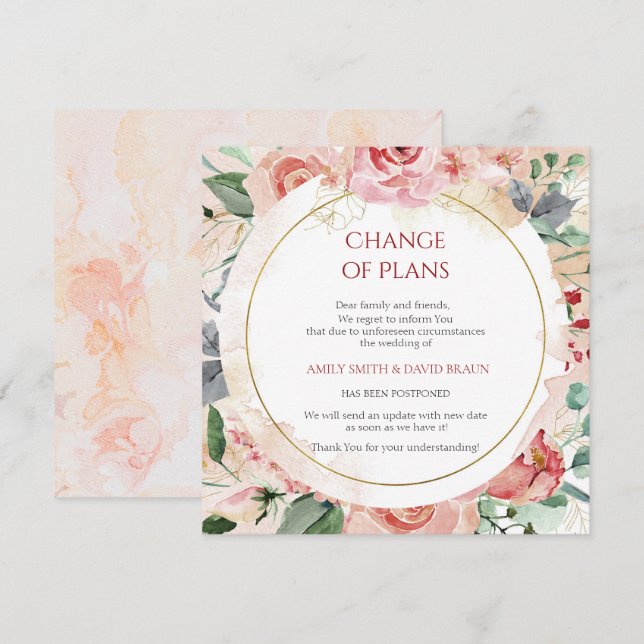 Convites Casamento Floral Adiado - Mudança de Planos (Frente/Verso)