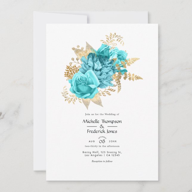 Convites Casamento Floral Água e Dourado (Frente)