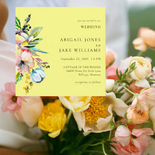 Convites Casamento Floral Amarelo Amanteigado Quadrado de V