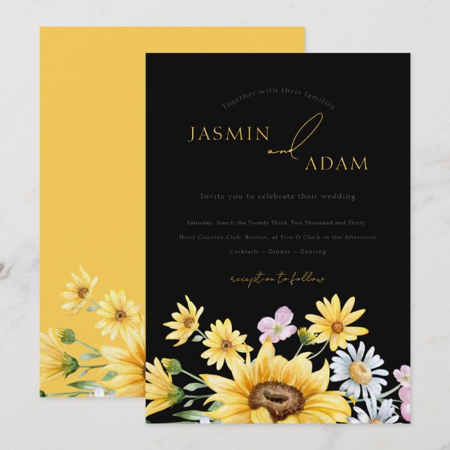Convites Casamento Floral Amarelo Amarelo Elegante (Frente/Verso)
