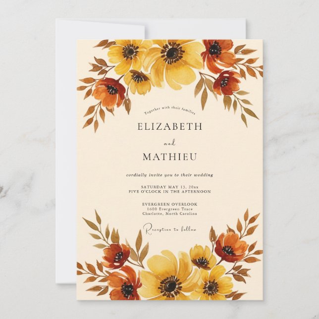 Convites Casamento Floral Amarelo Âmbar de Outono (Frente)