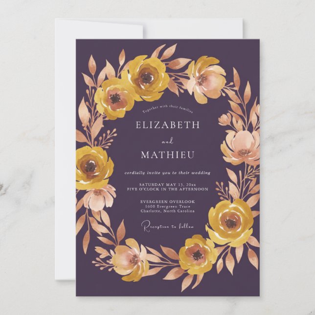 Convites Casamento Floral Amarelo Ameixa (Frente)