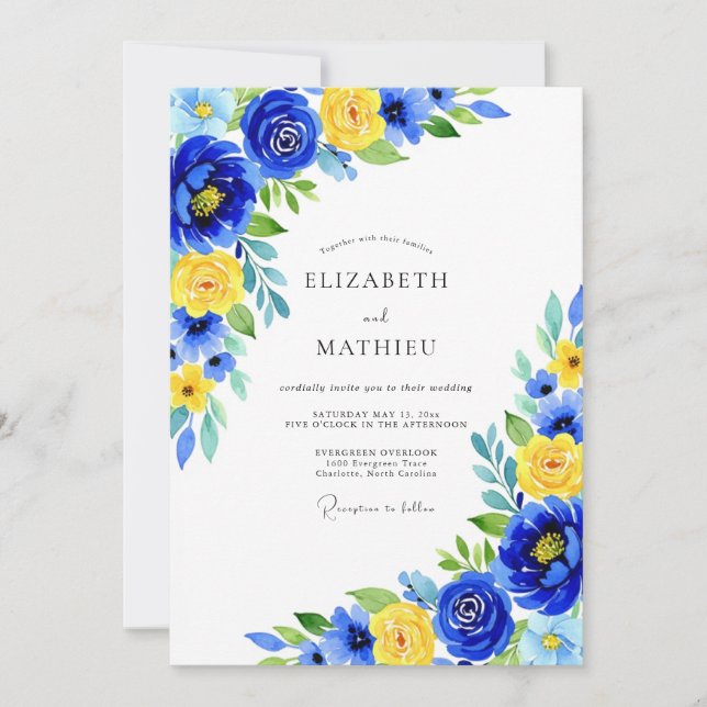 Convites Casamento Floral Amarelo Azul (Frente)