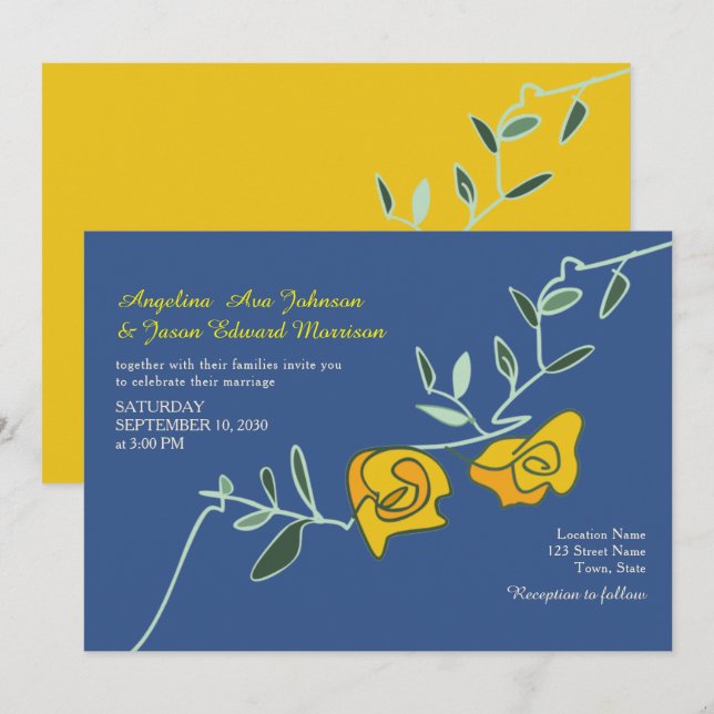 Convites Casamento Floral Amarelo Azul Boho Ousado (Frente/Verso)