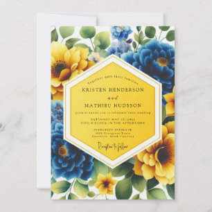 Convites Casamento Floral Amarelo Azul Caprichoso