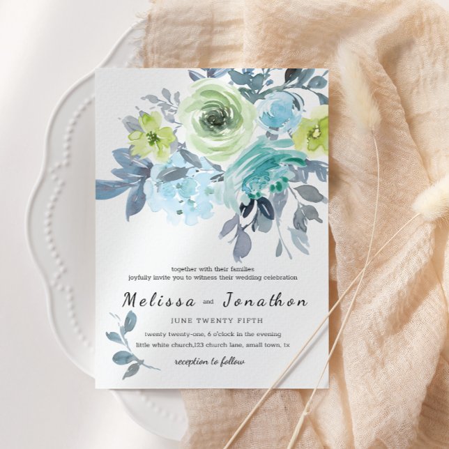 Convites Casamento Floral Amarelo Azul Claro Verde (Criador carregado)