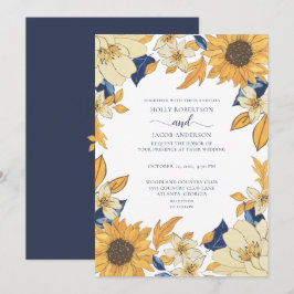 Convites Casamento Floral Amarelo Azul de Girassol Moderno